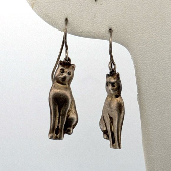 Vintage Estate Sterling Silver 925 Cat Dangle Earrings, 3.2g, XRF Tested - Picture 1 of 8
